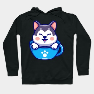 Cute husky on cup coffee cartoon Hoodie